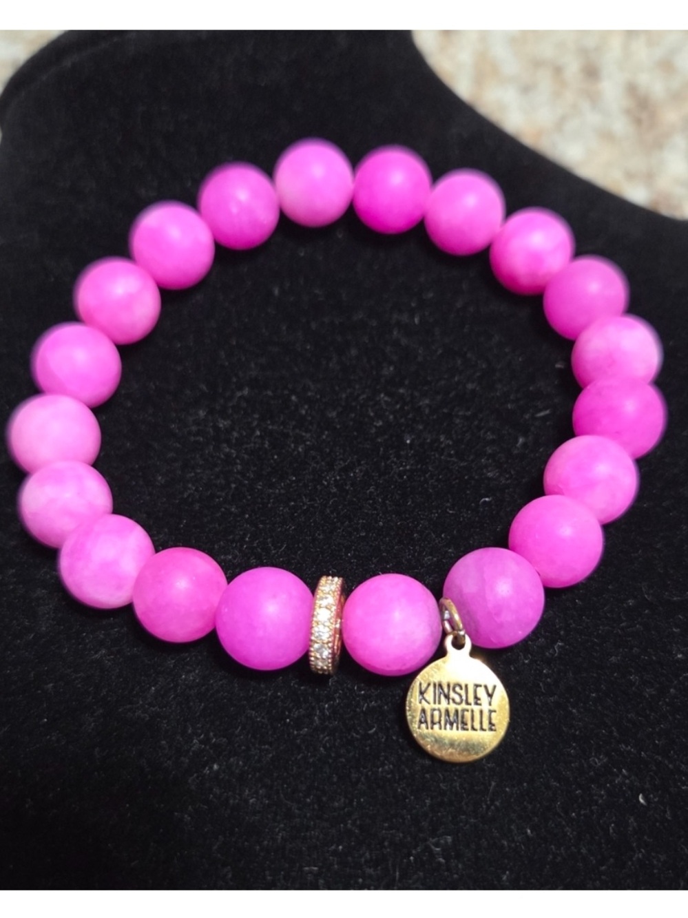 Kinsley Armelle Bright Pink Beaded Bracelet with Gold Logo Disc